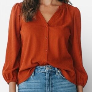 Marc New York Burnt Orange Faux Suede Button Up Peasant Blouse Balloon Sleeve